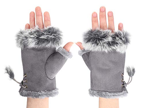 ITODA Handschuhe Fingerlose Damen Armstulpen Winter Fell Winterhandschuhe Halb Fingerhandschuhe mit Daumenloch Schreibhandschuhe Warm Fäustlinge Kurz Halbhandschuhe Tippen Fahrrad Geschenk Fahren von ITODA