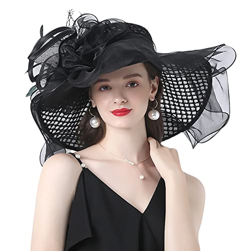 ITODA Organza Hut Damen Fascinator Große Krempe Sonnenhut Netz Organzahut mit Blume Feder Kopfschmuck Elegant Sommerhut Sonnenschutz Strandmütze Braut Damenhut Kirche Hochzeit Party Strand Schwarz von ITODA