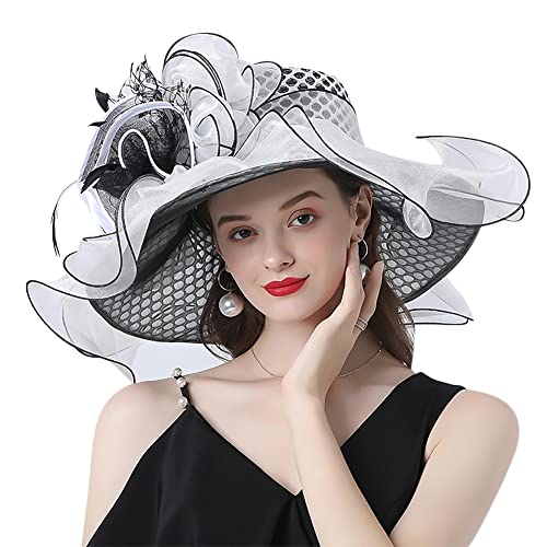 ITODA Organza Hut Damen Fascinator Große Krempe Sonnenhut Netz Organzahut mit Blume Feder Kopfschmuck Elegant Sommerhut Sonnenschutz Strandmütze Braut Damenhut Kirche Hochzeit Party Strand Weiß von ITODA