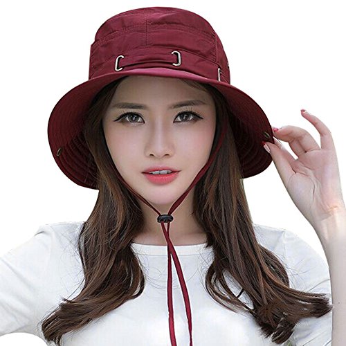 ITODA Sonnenhut Unisex Buschhut für Damen Herren Anglerhut UV Schutz Fischerhut Schnell Trocknend Safarihut Outdoor Sonnenmütze mit Kinnband Faltbarer Wanderhut Rot Hut für Camping Reise Wandern von ITODA