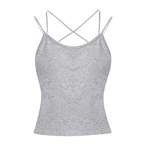 ITODA Spaghetti Top Damen Unterhemd Baumwolle Tank Top mit Gepolsterten BH Spaghettitop Crossback Crop Top Rückenfrei Ärmelloses Trägertop Basic Cami Tanktop Oberteil für Frauen Mädchen Grau von ITODA