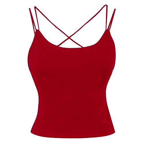 ITODA Spaghetti Top Damen Unterhemd Baumwolle Tank Top mit Gepolsterten BH Spaghettitop Crossback Crop Top Rückenfrei Ärmelloses Trägertop Basic Cami Tanktop Oberteil für Frauen Mädchen Rot von ITODA