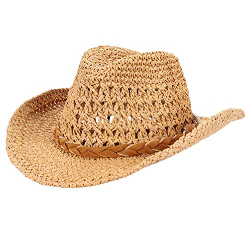 ITODA Strohhut Eltern-Kind Westernhut Stroh Cowboyhut Sonnenschutz Sonnenhut für Damen Herren Texashut für Junge Mädchen Rodeohut Unisex Panamahut Outdoor Bindemütze Sommer Mütze mit Kinnband von ITODA