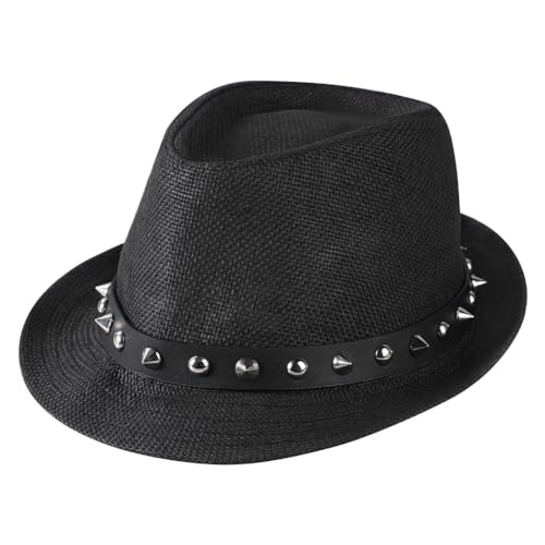 ITODA Strohhut Sommer Fedora Herren Damen Trilby Hut mit Nieten Strohmütze Sonnenschutz Mode Sonnenhut Faltbar Weich Melonenhut Breit Krempe Sonnenmütze für Unisex Outdoor Freizeit Strand Schwarz von ITODA