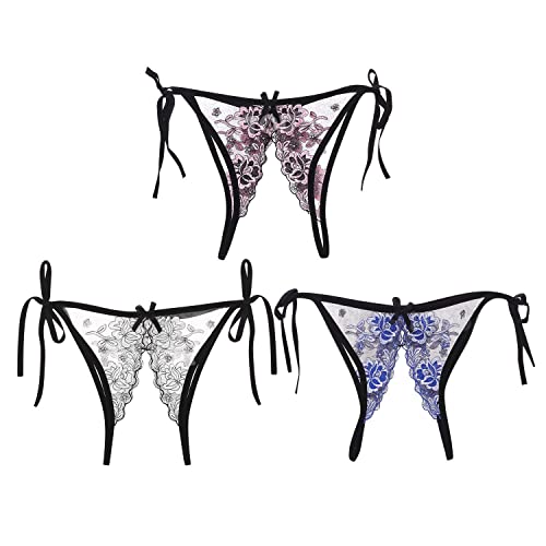 ITODA Tanga Damen Offen Strings Spitze Unterwäsche Panties Frauen 3Pcs Unterhose G-String Dessous Stringtanga Attraktiv Love Damenwäsche Slip Hautfreundlich G-Schnur Blume des Begehrens von ITODA