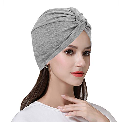 ITODA Turban Damen Mode Kappe Afrikanisch Kopftuch Kopfwickel Mütze Vorgebunden Knot Schlafhut Baumwolle Turbanhut Elasitisch Schlafmütze Plissee Kopfbedeckung für Haarverlust Schlafen Freizeit Grau von ITODA