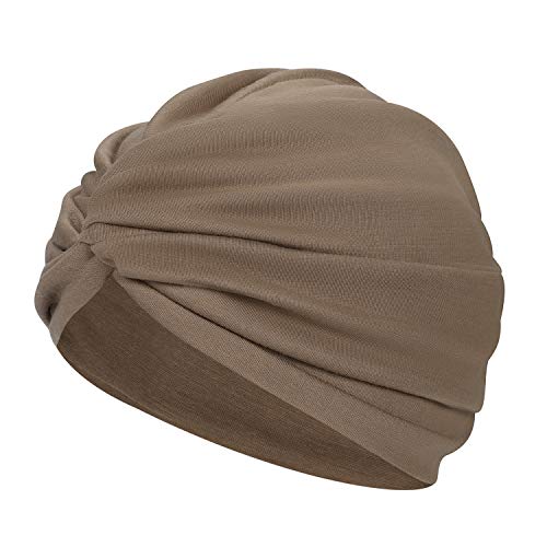 ITODA Turban Damen Mode Kappe Afrikanisch Kopftuch Kopfwickel Mütze Vorgebunden Knot Schlafhut Baumwolle Turbanhut Elasitisch Schlafmütze Plissee Kopfbedeckung für Haarverlust Schlafen Freizeit Khaki von ITODA