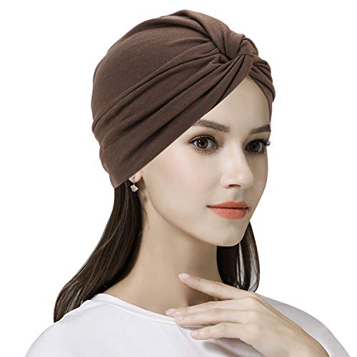 ITODA Turban Damen Mode Kappe Afrikanisch Kopftuch Kopfwickel Mütze Vorgebunden Knot Schlafhut Baumwolle Turbanhut Elasitisch Schlafmütze Plissee Kopfbedeckung für Haarverlust Schlafen Freizeit Braun von ITODA