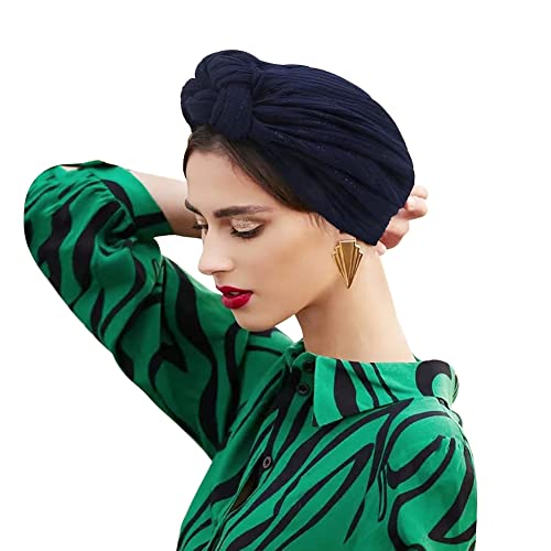 ITODA Turban Mütze Damen Modern Kopftuch Retro Turbanhut Vorgebunden Knot Turban mit silbernem Filigran Kopfwickel Kappe Schlafhaube Geflecht Motorhaube Weich Kopfbedeckung für Haarausfall Schwarz von ITODA