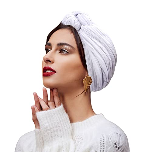 ITODA Turban Mütze Damen Modern Kopftuch Retro Turbanhut Vorgebunden Knot Turban mit silbernem Filigran Kopfwickel Kappe Schlafhaube Geflecht Motorhaube Weich Kopfbedeckung für Haarausfall Weiß von ITODA