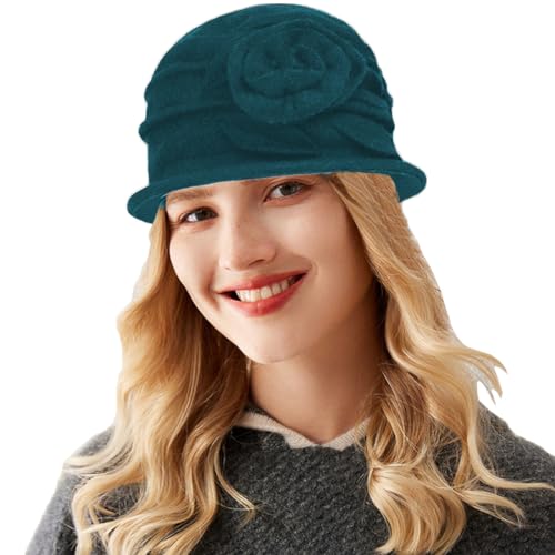 ITODA Wollmütze Winter Glockenhut Damen Wintermütze mit Blumen Eimerhut Elegant Retro Damenmütze Warm Weich Winterhut Herbst Fischermütze Winddicht Wollhut Fedora Elastisch Damenhut Outdoor Freizeit von ITODA