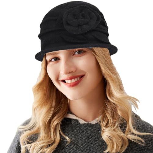 ITODA Wollmütze Winter Glockenhut Damen Wintermütze mit Blumen Eimerhut Elegant Retro Damenmütze Warm Weich Winterhut Herbst Fischermütze Winddicht Wollhut Fedora Elastisch Damenhut Outdoor Freizeit von ITODA