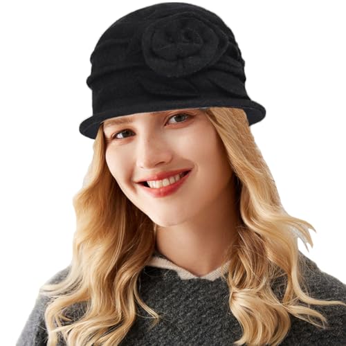 ITODA Wollmütze Winter Glockenhut Damen Wintermütze mit Blumen Eimerhut Elegant Retro Damenmütze Warm Weich Winterhut Herbst Fischermütze Winddicht Wollhut Fedora Elastisch Damenhut Outdoor Freizeit von ITODA