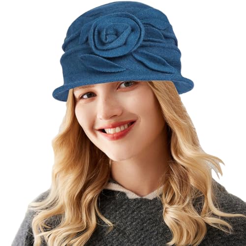 ITODA Wollmütze Winter Glockenhut Damen Wintermütze mit Blumen Eimerhut Elegant Retro Damenmütze Warm Weich Winterhut Herbst Fischermütze Winddicht Wollhut Fedora Elastisch Damenhut Outdoor Freizeit von ITODA