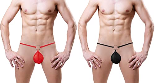 String Tanga Sexy Herren G-String mit O-ring Mini Slips Mesh Thong Erotisch Dessous Ouvert Höschen T-Back Mankini Männer Erotik Unterwäsche Offener Schritt Unterhose Abend Reizwäsche (Schwarz+Rot) von ITODA