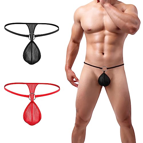 String Tanga Sexy Herren G-String mit O-ring Mini Slips Mesh Thong Erotisch Dessous Ouvert Höschen T-Back Mankini Männer Erotik Unterwäsche Offener Schritt Unterhose Abend Reizwäsche (Schwarz+Rot) von ITODA