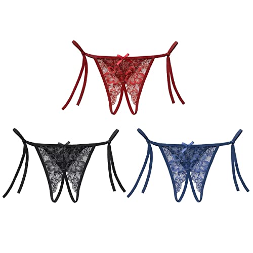 Tanga Damen Offen Strings Spitze Unterwäsche Panties Frauen 3Pcs Unterhose G-String Dessous Stringtanga Attraktiv Love Damenwäsche Slip Hautfreundlich G-Schnur Blume des Begehrens (Rot/Blau/Schwarz) von ITODA