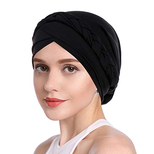 Turban Damen Mütze Kopfwickel Kappe Weich Turban mit Zopf Kopfbedeckung Baumwolle Schlafmütze Plissee Geflecht Turbanhut Afrikanisch Indisch Kopftuch Mode Turban für Haarausfall Schlafen Schwarz von ITODA