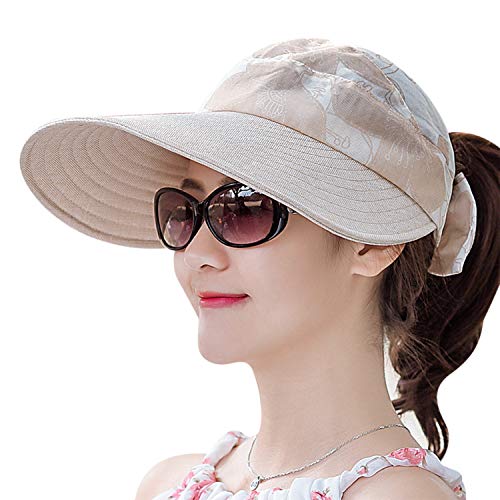 Visor Damen Sonnenhut mit Schirm Sonnenvisor Faltbare Schirmmütze UPF 50+ Strandvisor Outdoor Sonnenmütze mit Blumen Schleife Sommerhut Beige Damenvisor Sommer Visier Hut für Freizeit Reise Sport von ITODA