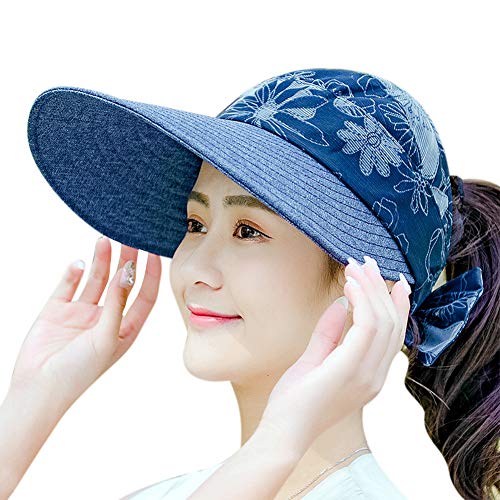 Visor Damen Sonnenhut mit Schirm Sonnenvisor Faltbare Schirmmütze UPF 50+ Strandvisor Outdoor Sonnenmütze mit Blumen Schleife Sommerhut Blau Damenvisor Sommer Visier Hut für Freizeit Reise Sport von ITODA