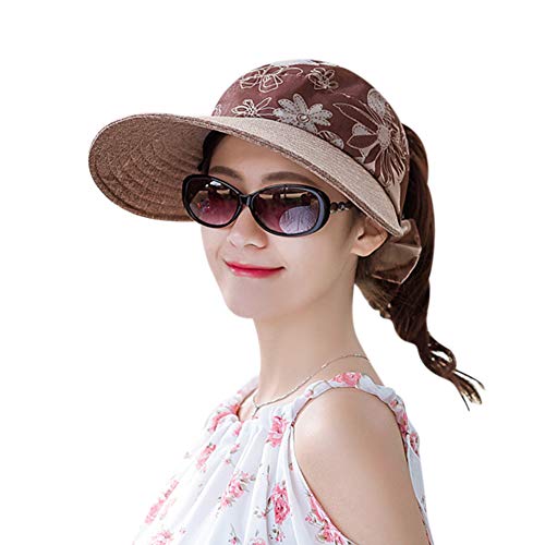 Visor Damen Sonnenhut mit Schirm Sonnenvisor Faltbare Schirmmütze UPF 50+ Strandvisor Outdoor Sonnenmütze mit Blumen Schleife Sommerhut Hellbraun Damenvisor Sommer Visier Hut für Freizeit Reise Sport von ITODA