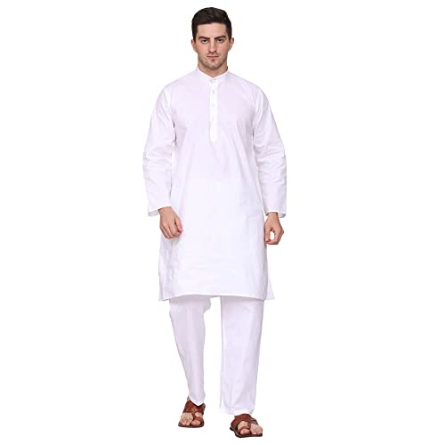 ITOS365 Herren Baumwolle Kurta Pyjama Set Casual Regular Ethinic Wear Indisches Kleid Weiß, Weiss/opulenter Garten, XXL/3XL von ITOS365