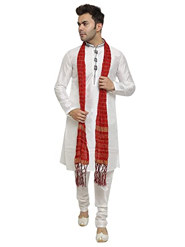 ITOS365 Herren Tunika Art Seide Kurta Pyjama und Schal Anzug Set Indische Kleidung Hochzeit Party Kleid Geschenke Artikel, Weiß, X-Large-XX-Large von ITOS365