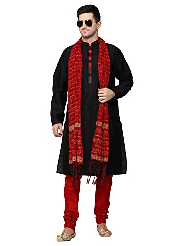 ITOS365 Herren Tunika Art Seide Kurta Pyjama und Schal Anzug Set Indische Kleidung Hochzeit Party Kleid Geschenke Artikel, schwarz, X-Large-XX-Large von ITOS365