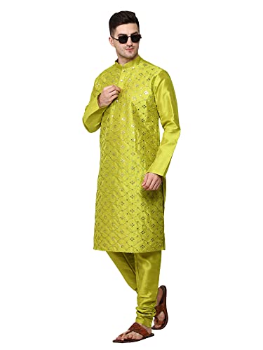 ITOS365 Herren Tunika Kunst Seide Kurta Pyjama Set Hochzeit Indische Kleidung Freizeit Party Kleid Geschenke Artikel, Mehndi, X-Large-XX-Large von ITOS365