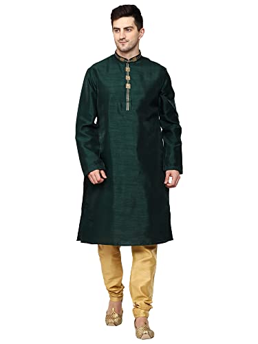 ITOS365 Herren Tunika Kunst Seide Kurta Pyjama Set Hochzeit Indische Kleidung Freizeit Party Kleid Geschenke Artikel, dunkelgrün, Medium-Large von ITOS365