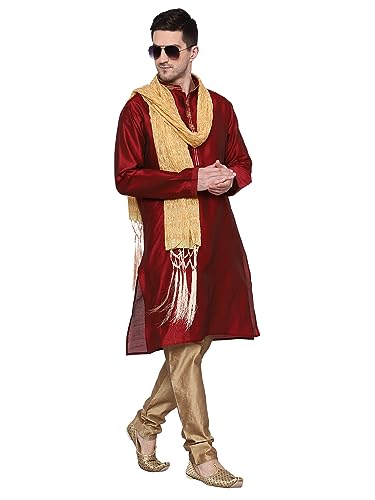 ITOS365 Herren Tunika Kunst Seide Kurta Pyjama und Schal Anzug Set Indische Kleidung Hochzeit Party Kleid Geschenke Artikel, Kastanienbraun, Small-Medium von ITOS365