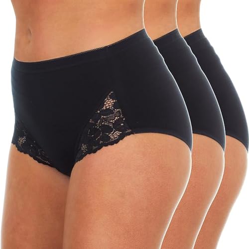 ITRAT® Damen-Bikini-Slip mit Spitze, hohe Taille, Baumwolle, atmungsaktiv, Unterwäsche, Komfort, Dessous, Höschen, Multipack, 3 Stück, Schwarz , 44 von ITRAT