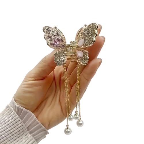 Haarspangen Damen 2 Stücke Zinklegierung Strass Schmetterling Haarschmuck Eleganter und zarter Imitationsperlen-Kopfschmuck Retro Haarspange(Pink) von ITRHJTGP