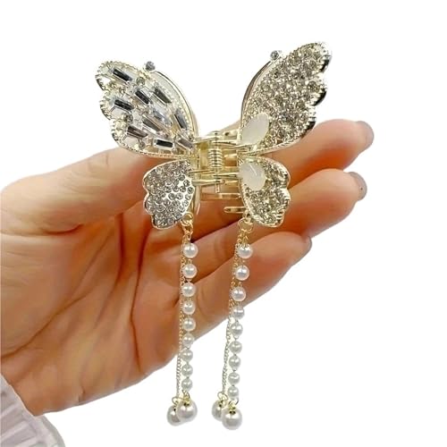 Haarspangen Damen 2 Stücke Zinklegierung Strass Schmetterling Haarschmuck Eleganter und zarter Imitationsperlen-Kopfschmuck Retro Haarspange(WHITE) von ITRHJTGP