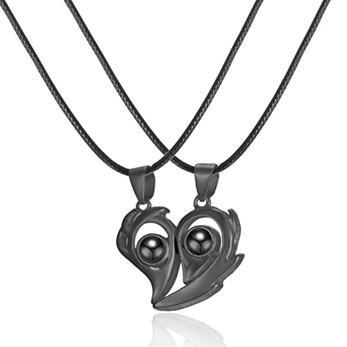 Herren Damen Paar Magnetische Anziehungskette Liebe Spleißen Sonne Mond Anhänger Projektion 100 Sprachen I Love You Set Halskette Schmuck (#1 Herz Mattschwarz) von ITVIP