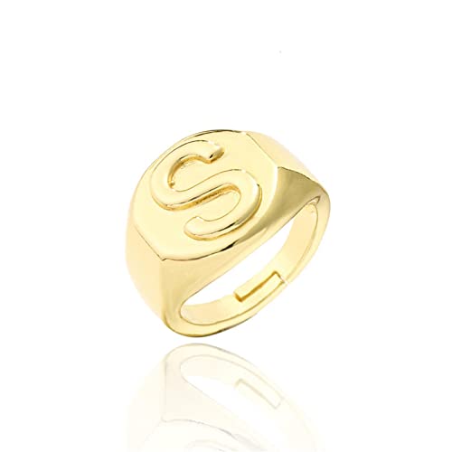 Initial Ring Statement 18 Karat echtes Gold galvanisiertes Kupfer Fashion Gold Chunky Rings Damen Alphabet Buchstabe A bis Z Resizable Knöchel-Persönlichkeitsring (Gold-S) von ITVIP
