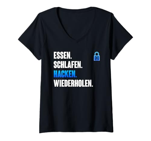 Damen Science Coder Essen Sleep Cyber Security Repeat Computer T-Shirt mit V-Ausschnitt von ITler Shirt Informatik Nerd Computer Science Coder