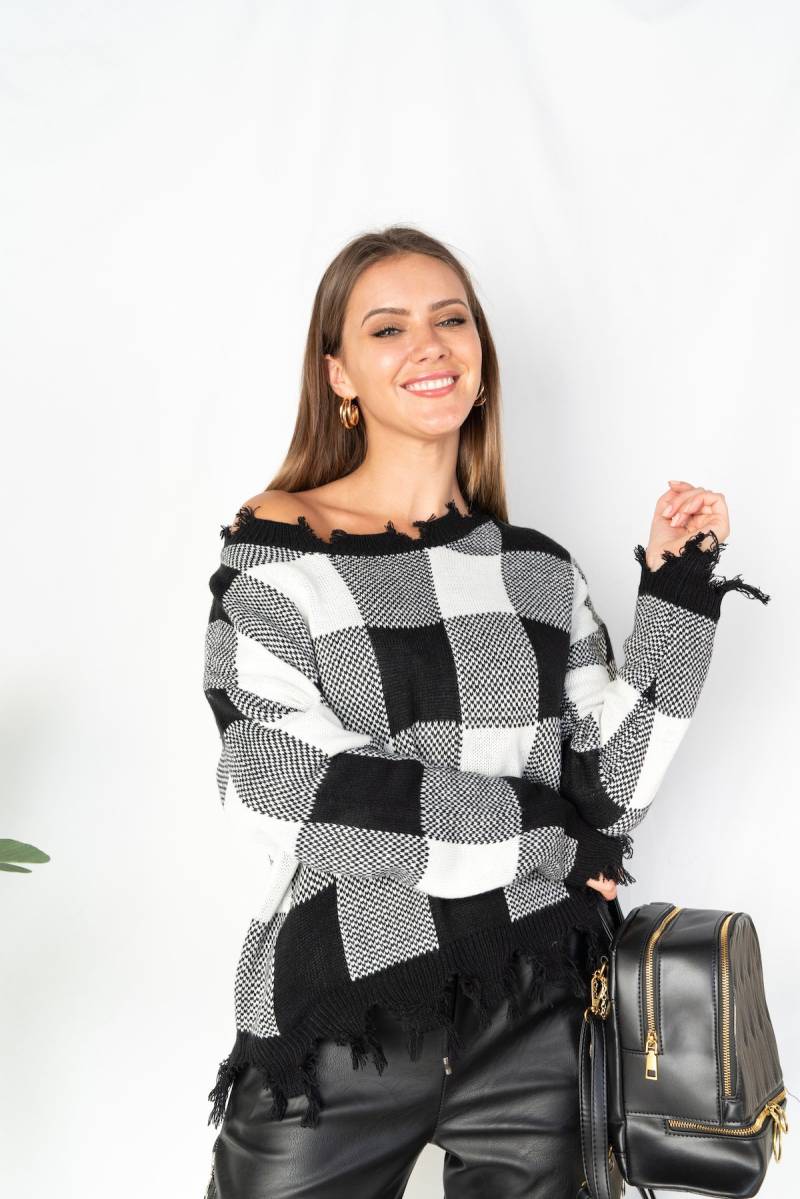 Roher Rand-Square-Block-Pullover - Relaxed Fit Fransenbesatz von ITooFashionStore
