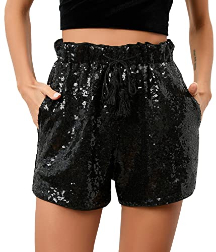 Damen Sommer Pailletten Shorts Hohe Taille Casual Loose A Linie Hot Pants Glitzernde Clubwear Night-Out Skorts, Schwarz, 3X-Groß von IUALXYBB