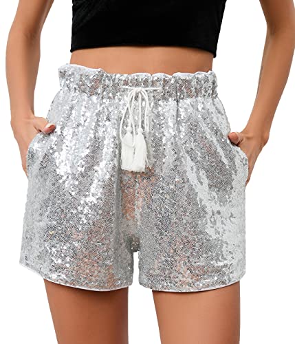 Damen Sommer Pailletten Shorts Hohe Taille Casual Lose A Linie Hot Pants Sparkly Clubwear Night-Out Skorts, silber, Mittel von IUALXYBB
