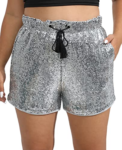 Damen Sommer Pailletten Shorts Hohe Taille Casual Lose A Linie Hotpants Glitzernde Clubwear Night-Out Skorts, GRAU, Klein von IUALXYBB