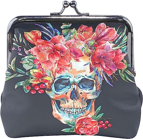 Aquarell-Totenkopf mit roter Blume, Amaryllis-Beutel, kleine Geldbörse – Kiss-Lock-Geldbörse für Damen und Mädchen von IUBBKI