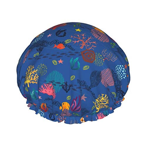 Coral Cartoon Lion Face Print Duschhaube, 1er-Set, große Öffnung, Stretch-Badekappe mit elastischem Seil, wasserdichter doppellagiger Badehut, wiederverwendbar, Bade-Haarkappe für Damen, Herren und Ki von IUBBKI