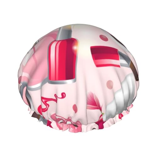 Duschhaube für Damen, elastisch und wiederverwendbar, schützende Haar-Badekappen, doppelt wasserdicht, Bademütze (Modern Lady Girly Cosmetic Perfume Lipstick Pink) von IUBBKI