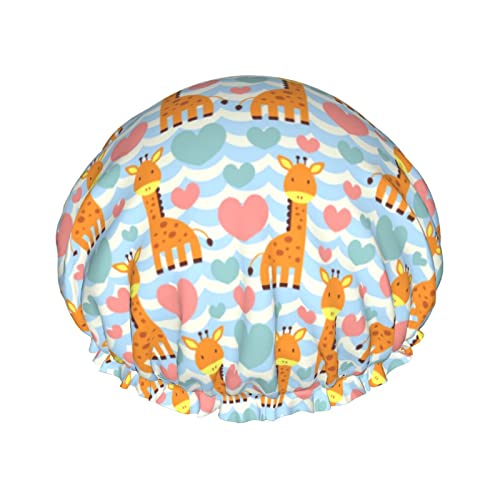 Duschhaube mit Cartoon-Giraffe-Druck, Musik-Thema, 1er-Set, große Öffnung, Stretch-Badekappe mit elastischem Seil, wasserdicht, doppellagig, wiederverwendbar, Bade-Haarkappe für Damen, Herren und Kind von IUBBKI