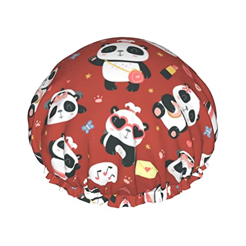 Duschhaube mit Cartoon-Panda-Musik-Thema, 1er-Set, große Öffnung, Stretch-Badekappe mit elastischem Seil, wasserdicht, doppellagig, Badehut, wiederverwendbar, Badehaarkappe für Damen, Herren und Kinde von IUBBKI