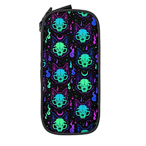 IUBBKI Mysterious Neon Cat Skulls Federmäppchen Große Kapazität Langlebig Federmäppchen Aufbewahrung Federmäppchen Mit Reißverschlusstasche Box Stationäres Etui von IUBBKI