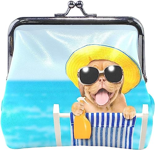 Kleines Portemonnaie mit fröhlichem Welpen-Motiv, das Sich auf einem Liegestuhl am Strand ausruht – Kiss-Lock-Geldbörse für Damen und Mädchen von IUBBKI