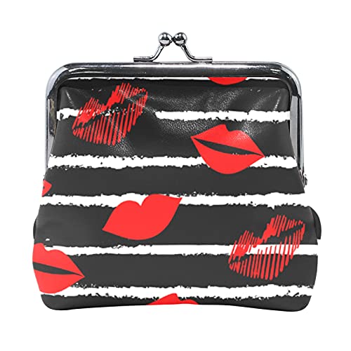 Mehrfarbig, 6 Bunte, lustige Dinosaurier mit Waldpalmenblättern auf schwarzem Damen-Leder-Geldbörse, Haspe, Kartenschlüssel, Geldbörse, kleine Schnalle, Handtaschenetui, Kiss-Lock-Kupplungstasche für von IUBBKI