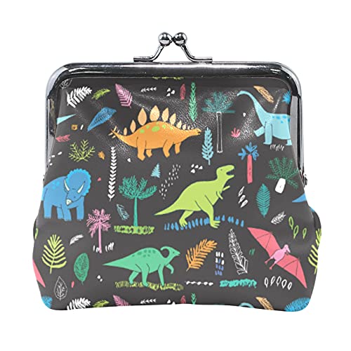 Mehrfarbig, 8 bunte, lustige Dinosaurier mit Waldpalmenblättern auf schwarzem Damen-Leder-Geldbörse, Haspe, Kartenschlüssel, Kleingeldbörse, kleine Schnalle, Handtaschenetui, Kiss-Lock-Kupplungstasche von IUBBKI